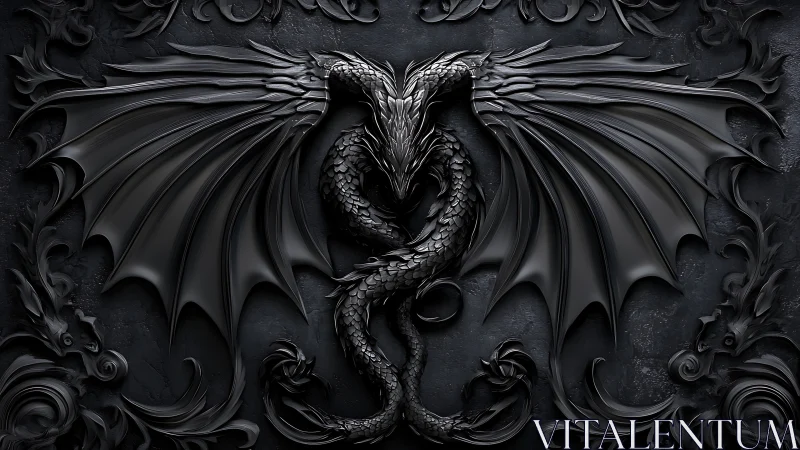 Dark sculpted dragon emblem with wide wings on stone wall