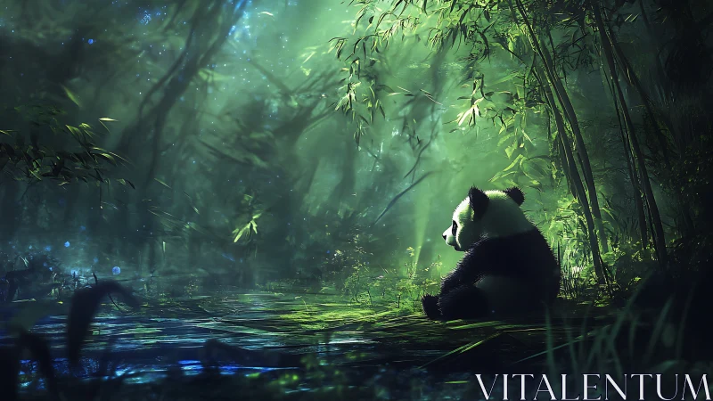 Solitary panda rests in emerald-lit bamboo forest glade.