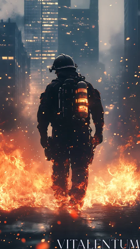 Tactical Firefighter amid Urban Inferno Amid Downtown Architecture