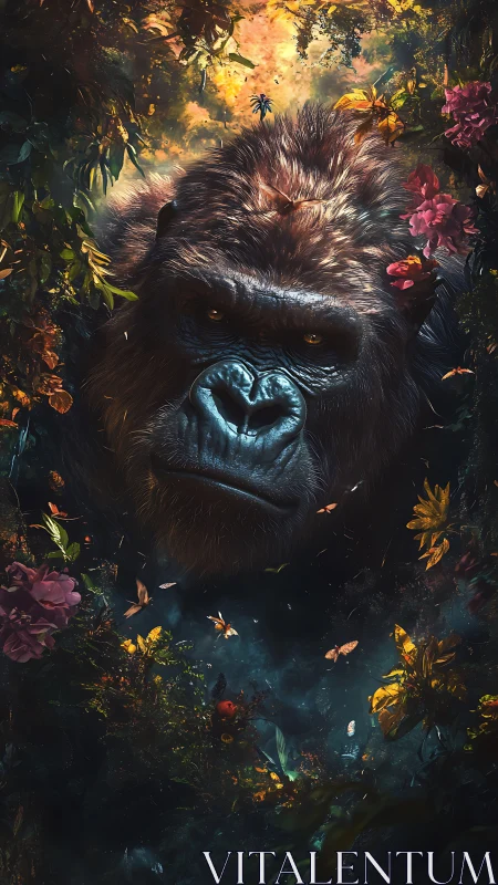 Gentle jungle giant resting among glowing forest blooms.