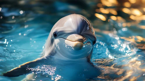 Playful dolphin portrait in shimmering pool light.