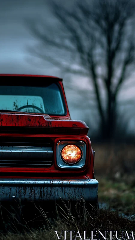 Photorealistic close-up of red vintage truck in moody field.