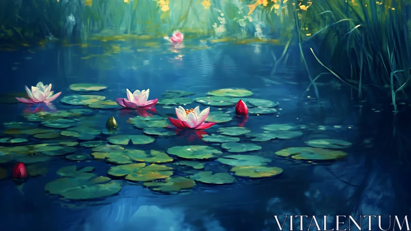 Tranquil water lilies float on a dreamy blue woodland pond