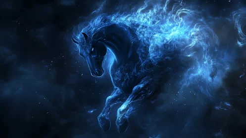 Spectral blue stallion in cascading ethereal nebula light.