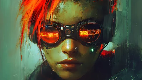 Cyberpunk portrait shows red haired figure in glowing visor goggles