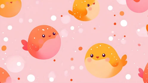 Cartoon birds repeat across a pink background in flat layout