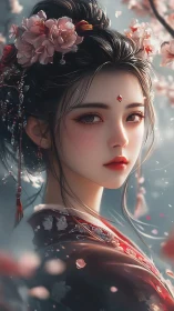 Digital portrait of hanfu woman with jeweled bindi and blossoms
