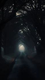 Foggy tree tunnel road recedes into soft distant light