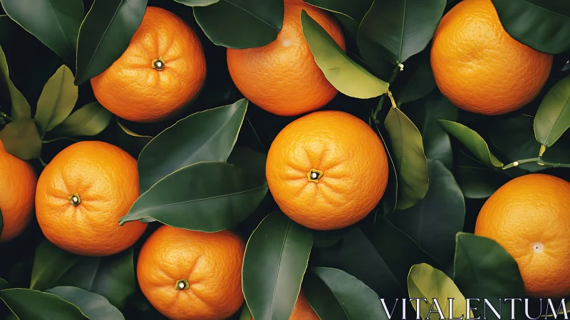 Ripe oranges lie clustered with glossy green leaves