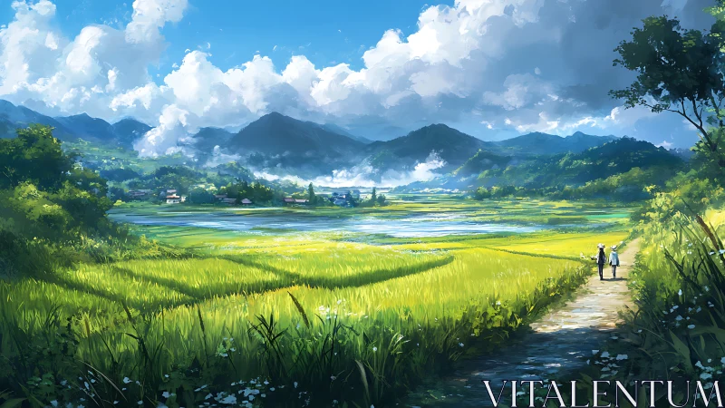 Rice fields, distant mountains and rural walking path.