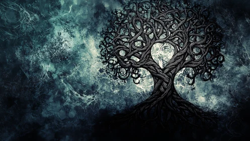 Gnarled Tree Silhouette Against Luminous Celestial Sky.