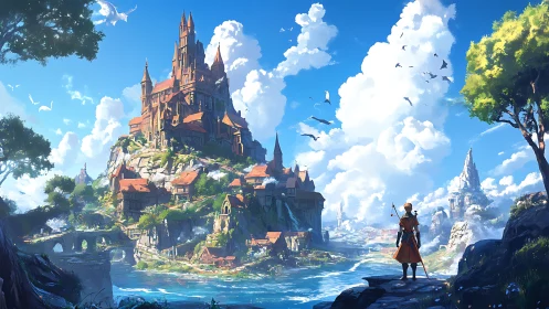 Wandering hero gazes toward a sunlit cliffside citadel.
