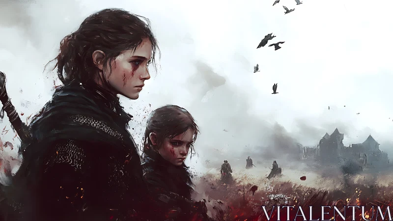 Battle-scarred sisters stand defiant in a burning wasteland