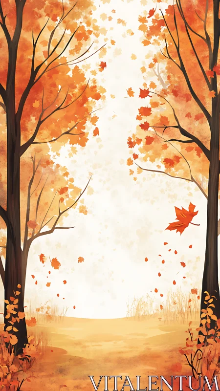 Autumn maple grove corridor with swirling golden foliage.