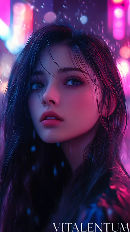 Neon rain portrait of pensive woman in cyber glow.