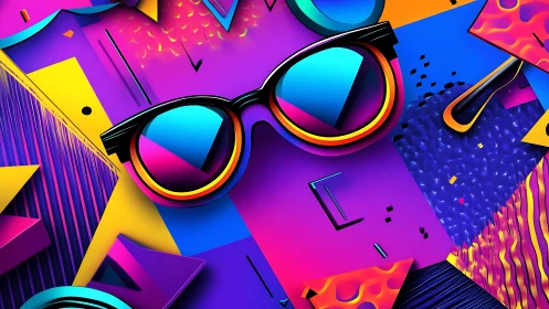 Chromatic sunglasses amid neon geometric abstraction field.