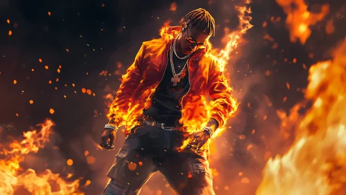 Figure Engulfed in Flame With Jewelry and Dark Clothing