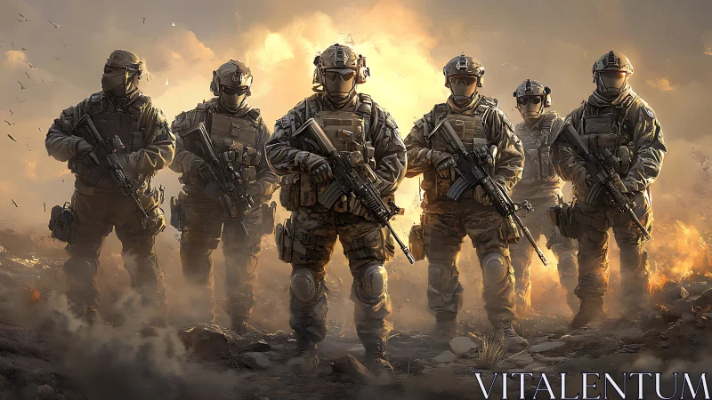 Six equipped soldiers stand aligned in a dust-filled environment
