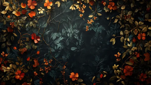 Dark Floral Composition with Red and Gold Blooms.