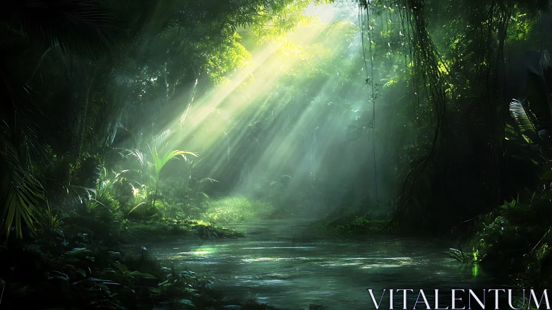 Luminous jungle stream with sunbeams piercing dense canopy.