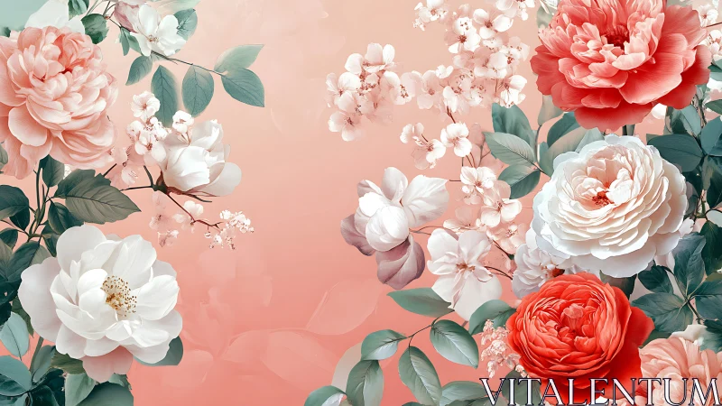 Floral Arrangement with Peonies and White Blooms Against Coral Pink Background