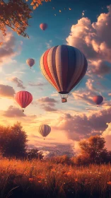 Sunlit hot air balloons over valley at golden hour sky