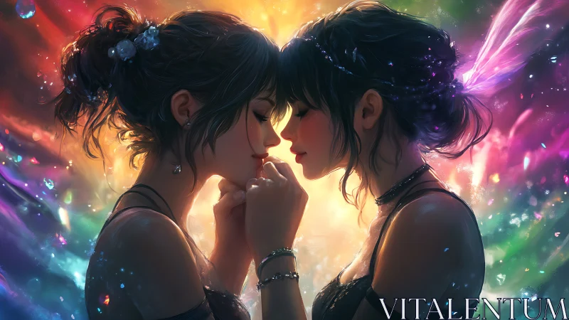 Twin Sisters in Luminous Embrace Within Rainbow Energy