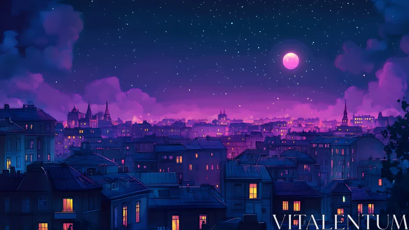 Neon-lit city skyline under glowing violet night sky.