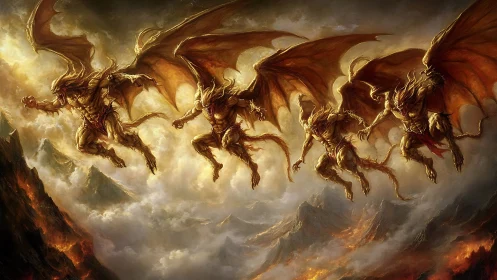 Fiery winged demons descending over a storm torn abyss.
