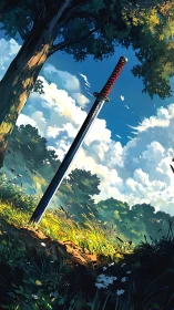 Katana embedded in sunlit forest clearing under sky.