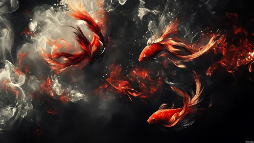Koi fish rendered in dynamic red vortices with volumetric smoke fields