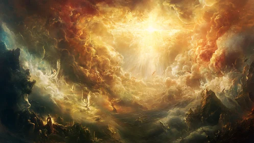 Radiant celestial vortex with luminous cloud dynamics and angelic forms