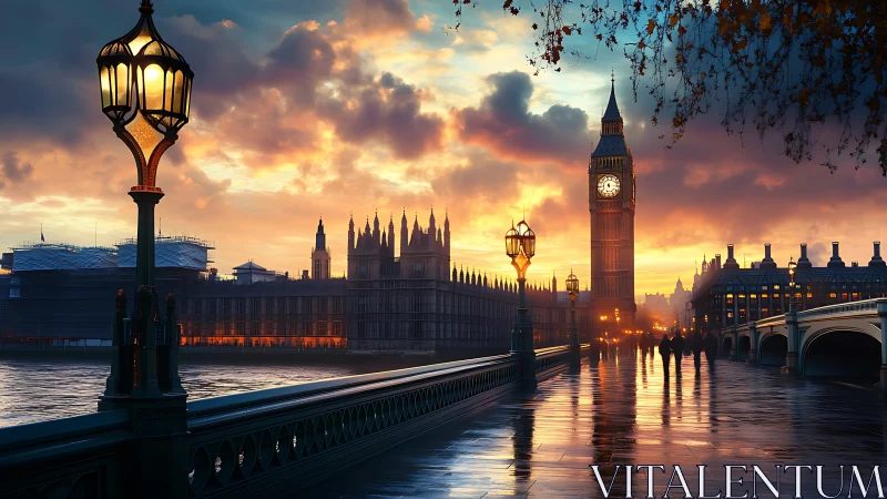 Golden hour settles over Big Ben and the glowing riverside