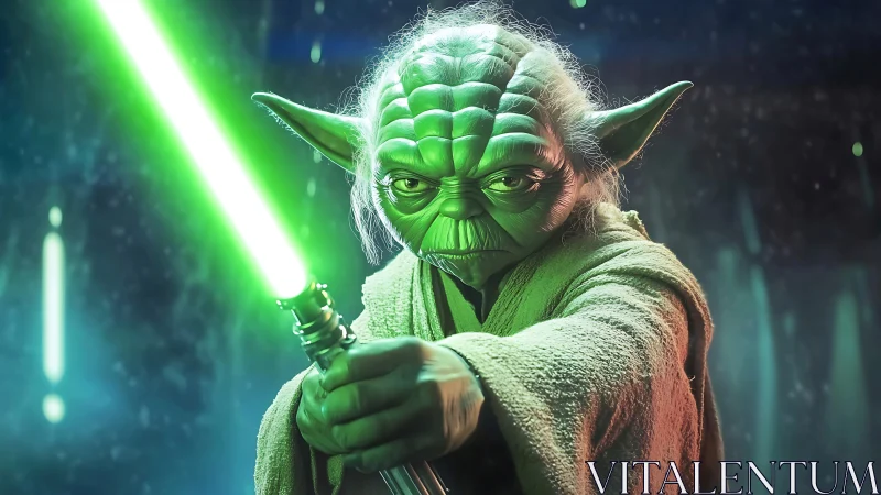 Wise green warrior holding a glowing saber in silence.