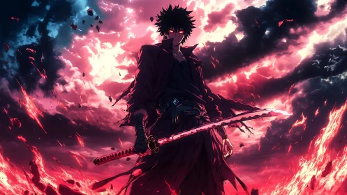 Stormlit swordbearer strides through a burning crimson sky.