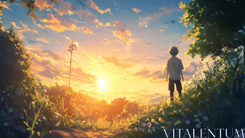 Sunset field boy gazes toward glowing summer horizon.