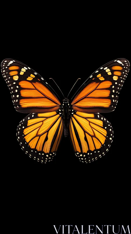 Monarch butterfly wings glow against deep black void.