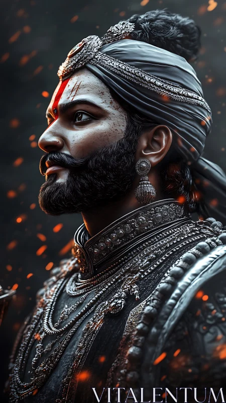 Regal warrior gazes ahead as glowing embers swirl around him