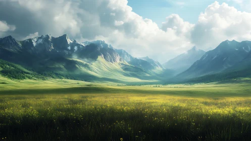 Sunlit valley meadow dreaming beneath towering alpine guardians.