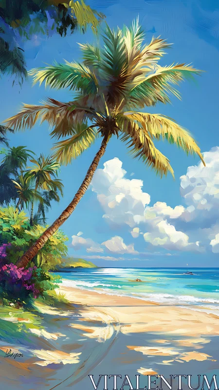 Tropical Paradise Beach with Palm Tree Rendering.