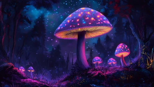 Luminescent mushrooms in dense nocturnal forest setting.