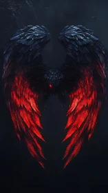 Dark feathered angel wings with glowing red lower plumes.