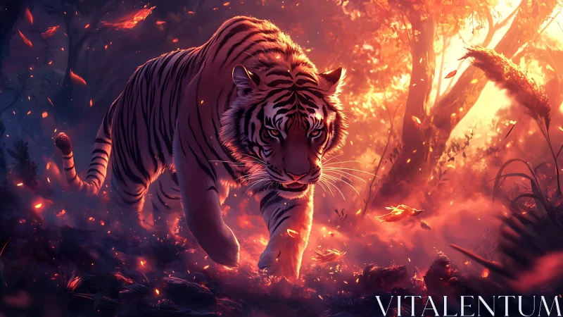 Predatory tiger advances through ember-lit atmospheric forest