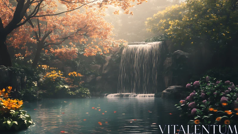 Sun-drenched forest waterfall amid glowing autumn bloom.