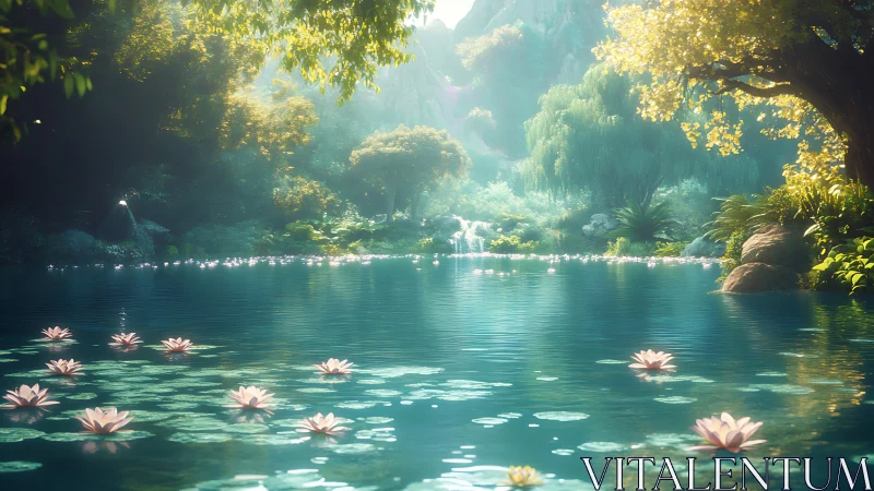 Sunlit forest pond with water lilies and distant waterfall.