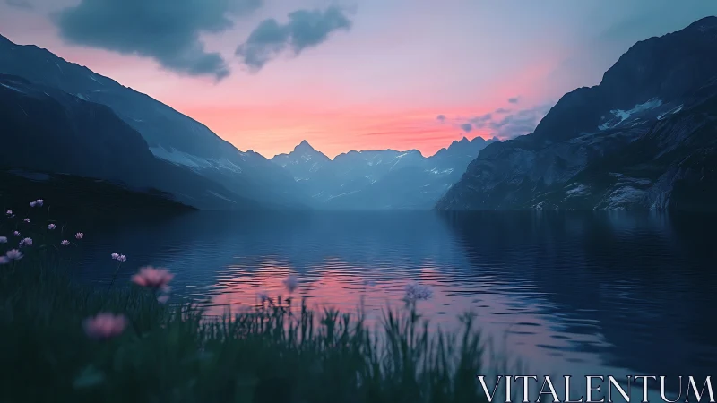 Twilight alpine lake renders smooth specular water under diffuse dusk