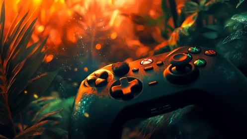 Game controller in glowing jungle themed fantasy scene.