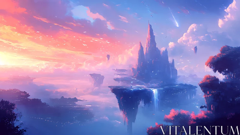 Floating Crystal Castle Sunset Over Sky Islands.