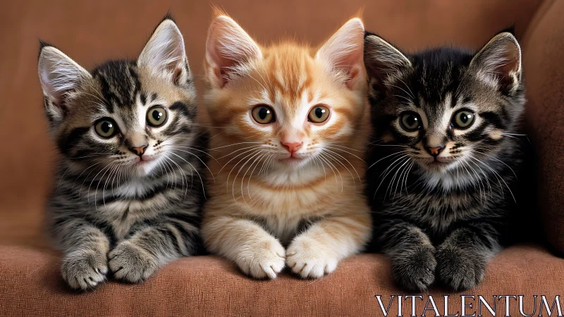 Three Kittens on Brown Fabric. Tabby, Ginger, Black Cats.