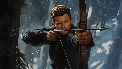 Focused archer draws his bow in a tense winter forest